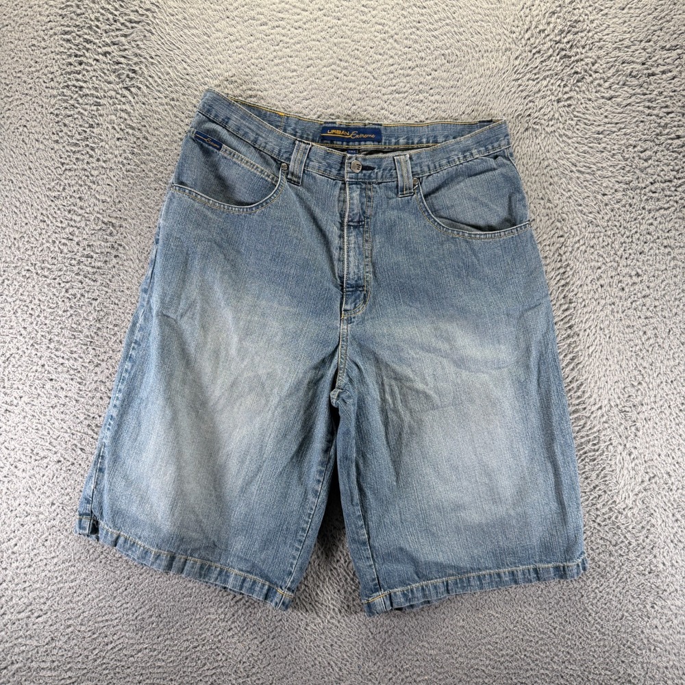 Vintage Urban Extreme Short Men 36 Blue Ramie Denim Bermuda Faded Workwear Baggy